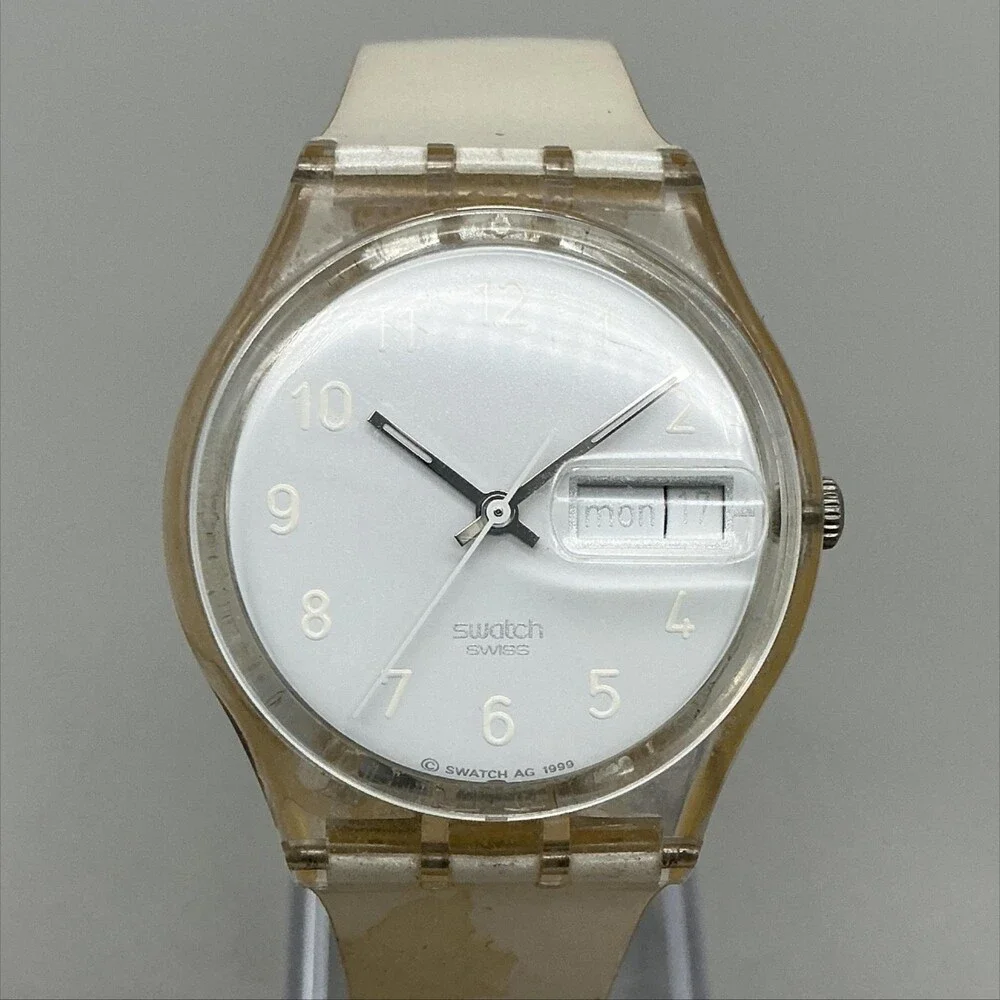 Vintage Swatch Mens Watch 34mm GK733 Case White Day Date New Battery